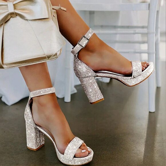 Mishansha Women's US 7.5 - 8.5 Rhinestone Decor Chunky Heeled Sandals, Glamorous - Picture 2 of 5